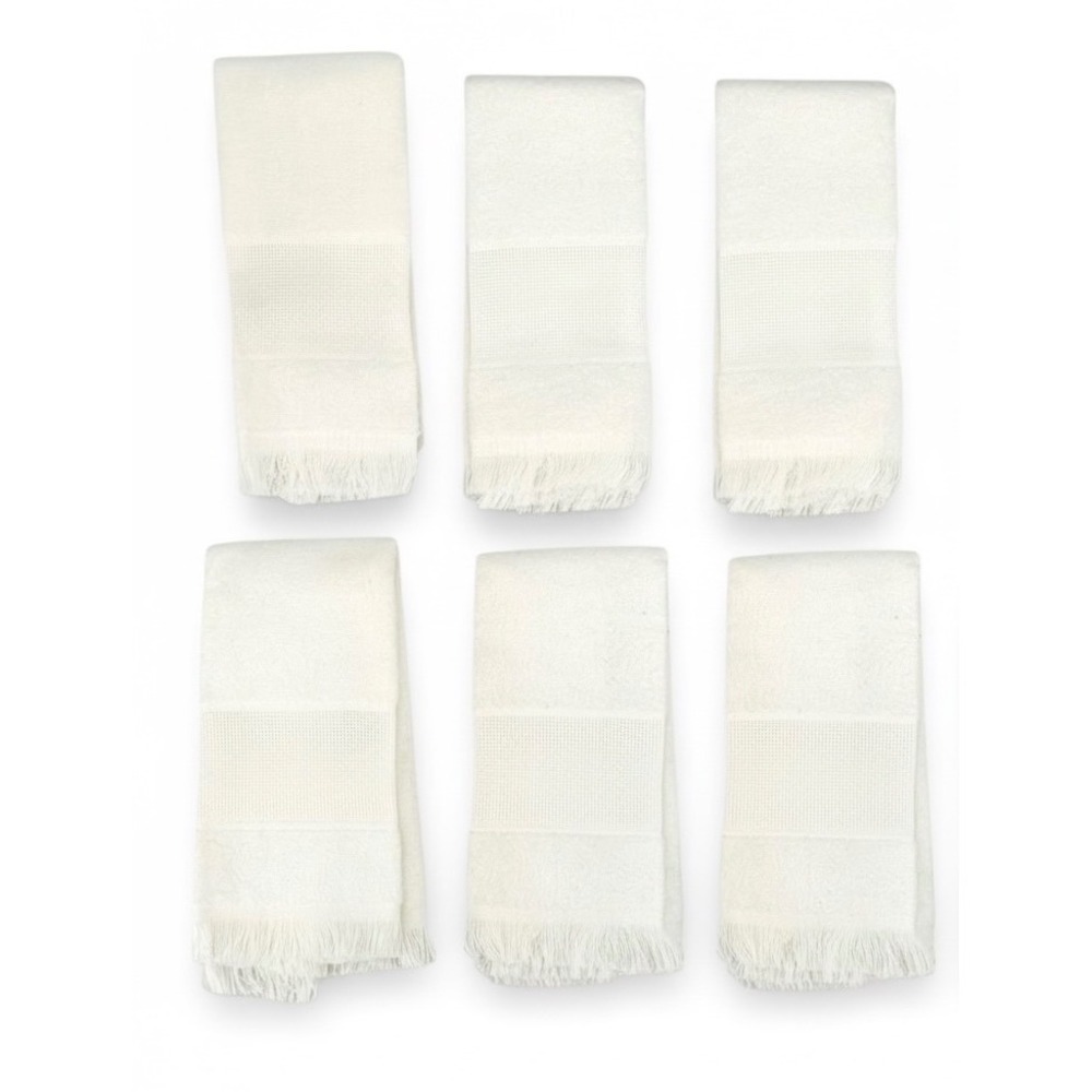 Vintage E-Z Stitch Style Fingertip Hand Towels Set Of 6 Ecru Fringe Cotton